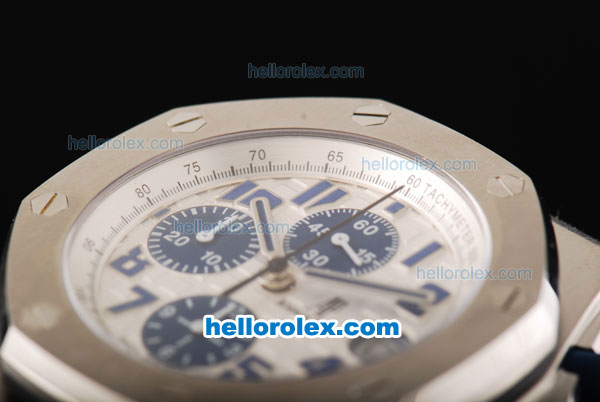 Audemars Piguet Royal Oak Offshore Run 12 Sec Swiss Valjoux 7750 Chronograph Movement Steel Case with White Dial and Blue Numeral Marker-Blue Leather Strap - Click Image to Close